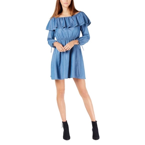 Michael Kors Womens Denim Ruffled Off Shoulder Dress - Picture 2 of 8